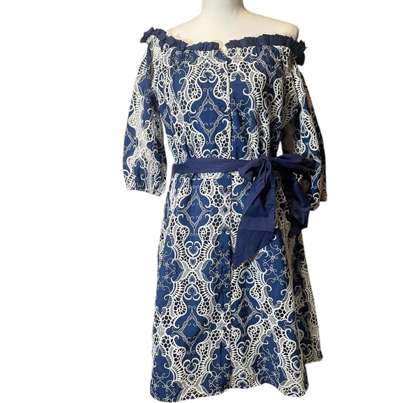 Dresses & Skirts - BOSTON PROPER ,Elegant Blue and White Off-Shoulder Dress
